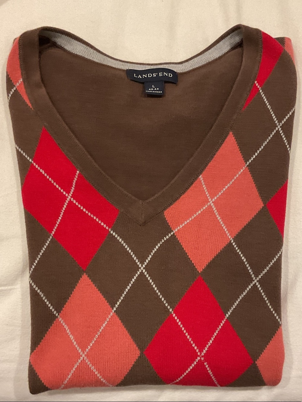 Lands' End Brown V-Neck Argyle Sweater Vest with Red & Coral Diamonds